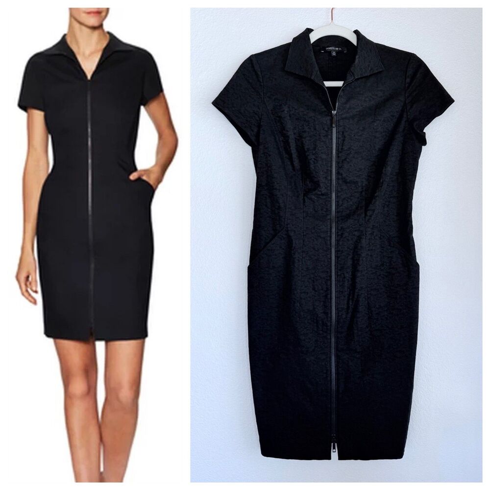 NWOT Lafayette 148 New York Camber Textured Front Zip Dress in Black Size 0
